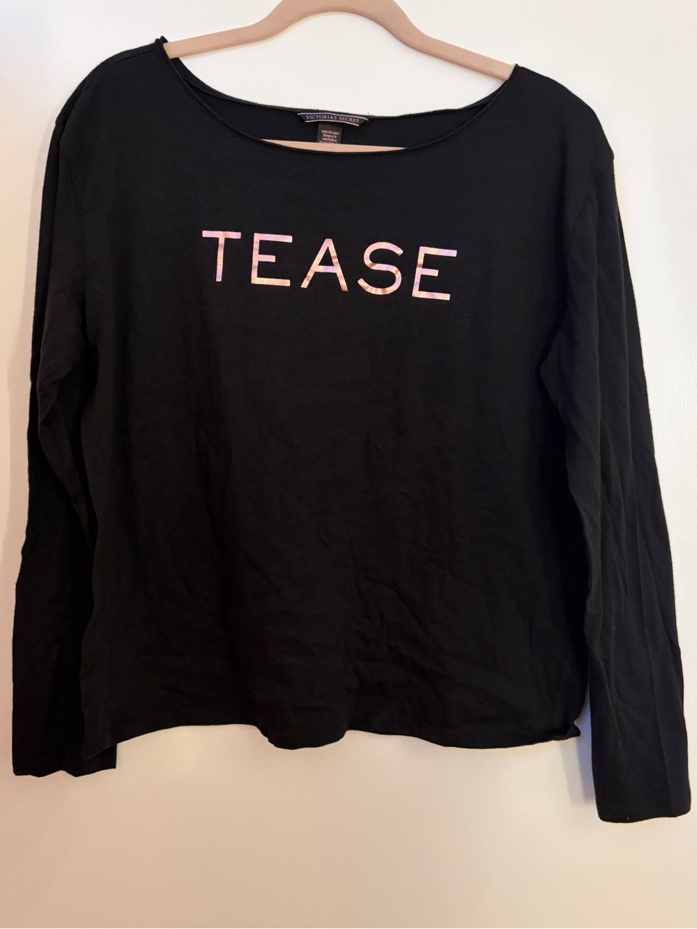 Victoria's Secret Black Long Sleeve 'TEASE' Top with Pink Lettering